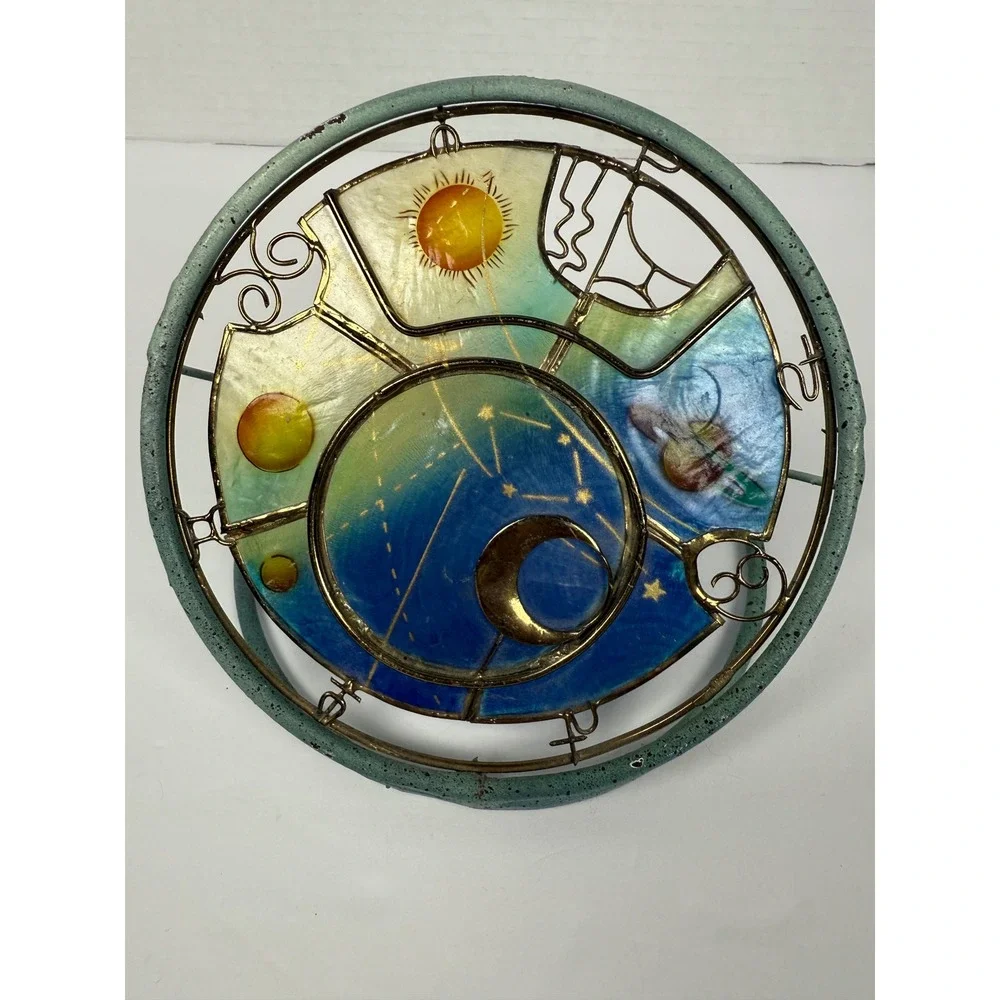 Celestial Candle Holder Sun Moon Faux Stained Glass Armillary Sphere Stand